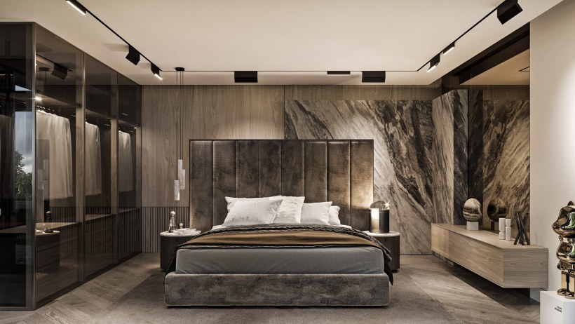 Спальня с мраморной стеной