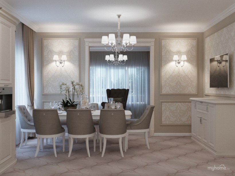 Гостиная столовая Неоклассика бежевый