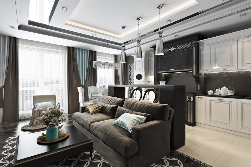 Кухня-гостиная 20 кв.м арт деко