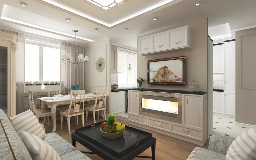 Кухня-гостиная 25 кв.м Неоклассика