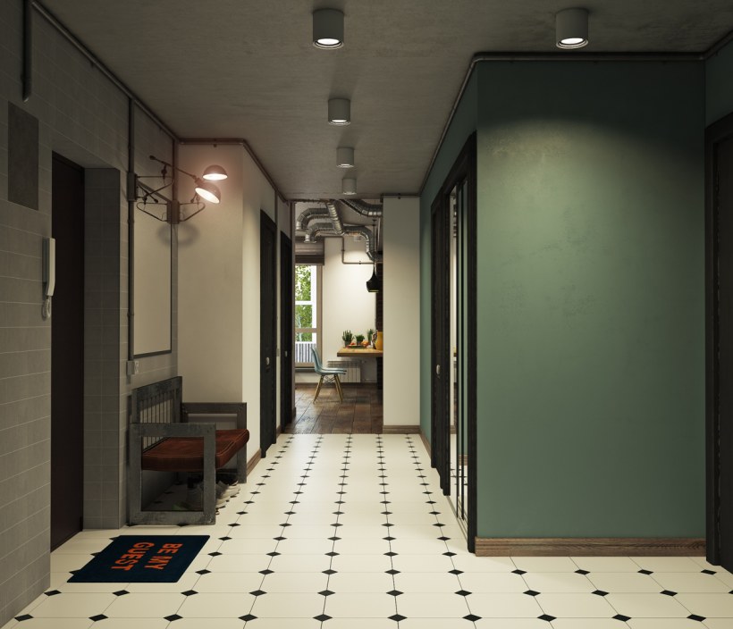 Зеленая прихожая в стиле лофт