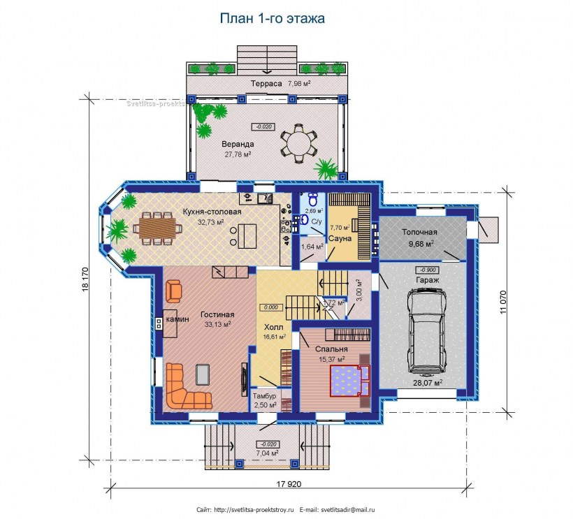Планировка дома с сауной и гаражом