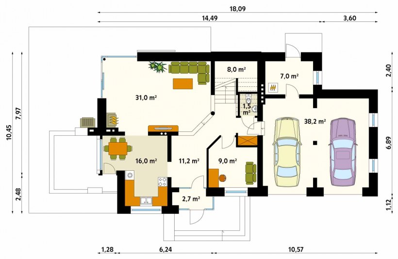 Планировка дома с мансардой и гаражом