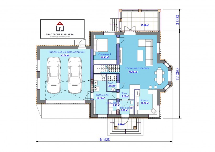 Схема двухэтажного дома с гаражом на 2 машины