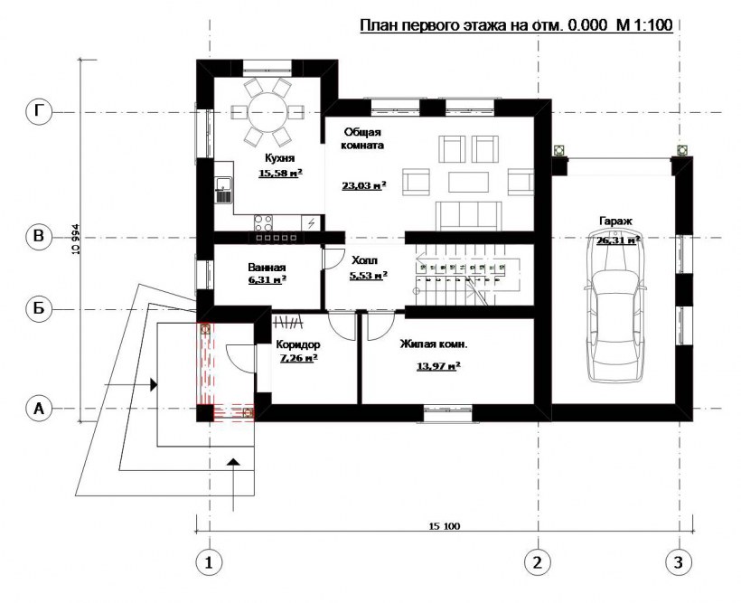 План первого этажа коттеджа с гаражом