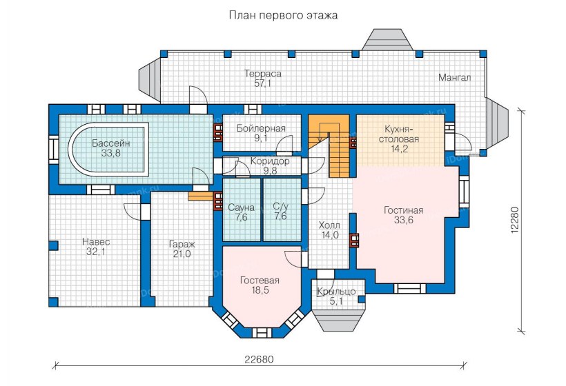 План коттеджа с бассейном