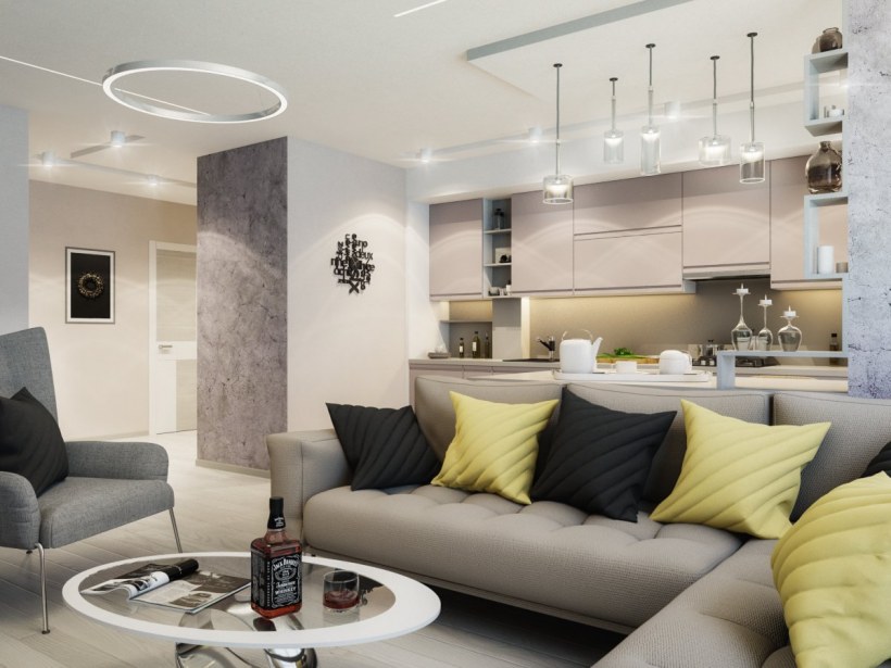 Стильные интерьеры гостиной совмещенной с кухней