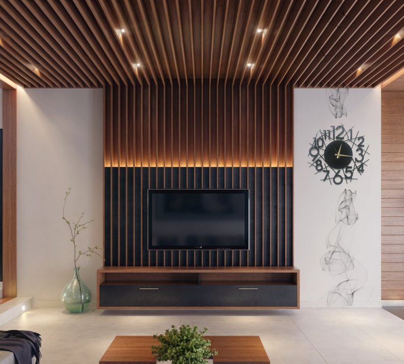 Гостиная с деревянными рейками