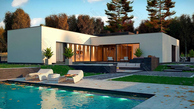 Одноэтажный дом с плоской крышей в стиле Минимализм