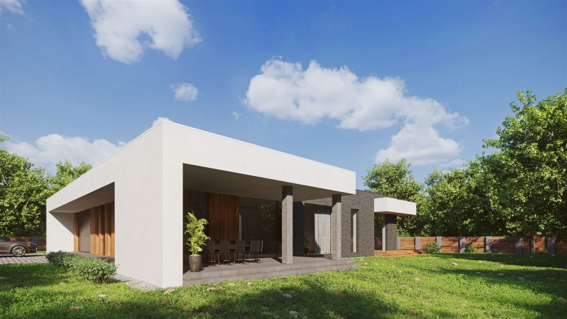 Одноэтажный дом с плоской крышей Минимализм