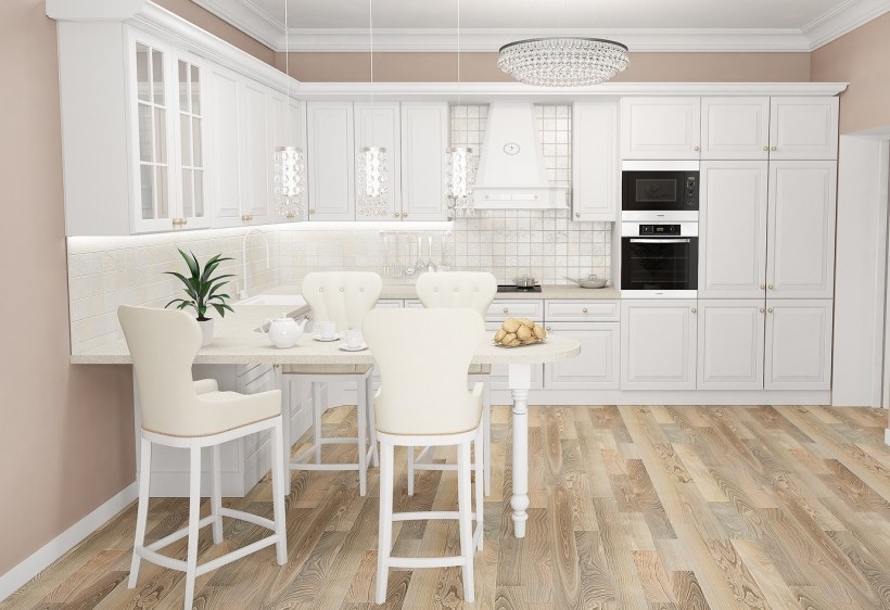 Белая кухня бежевый пол