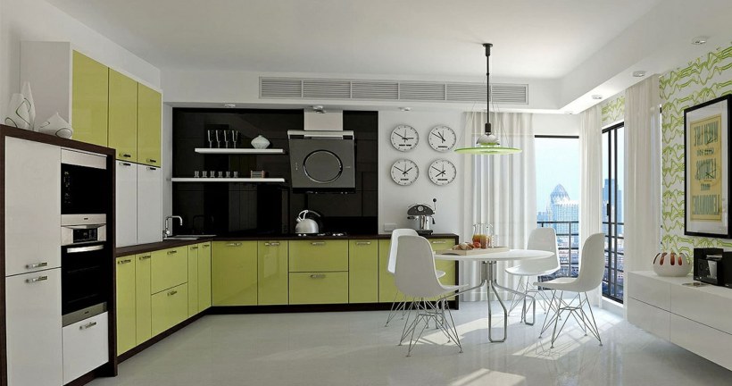 Современный интерьер кухни салатовая