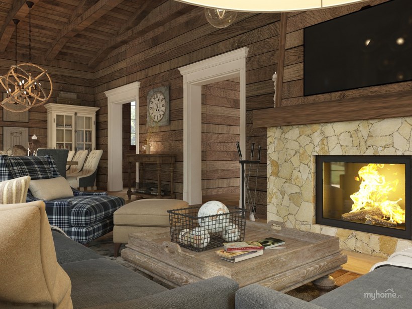 Гостиная с камином в деревянном доме