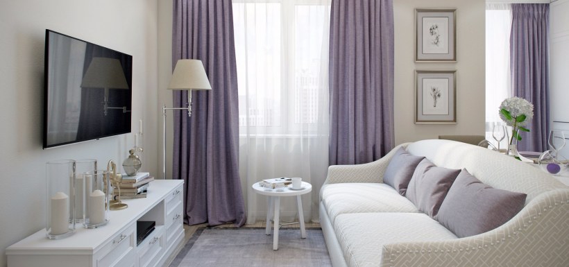 Сиреневые шторы в бежевом интерьере