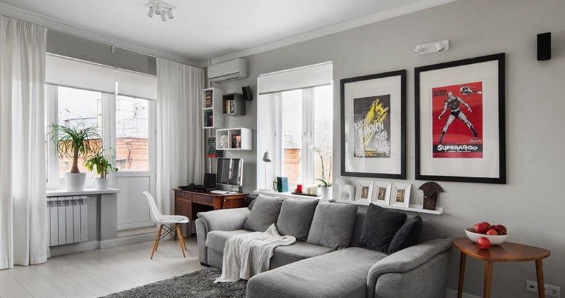 Гостиная в хрущевке два окна скандинавском стиле