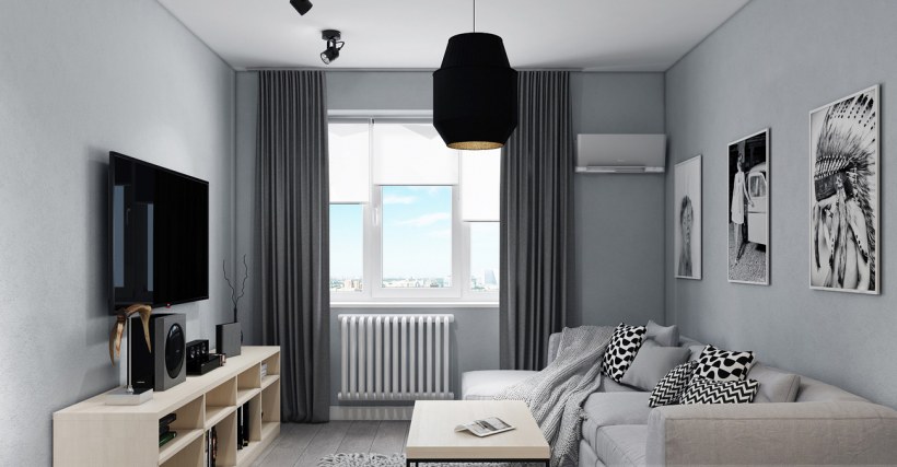 Гостиная с диваном у окна