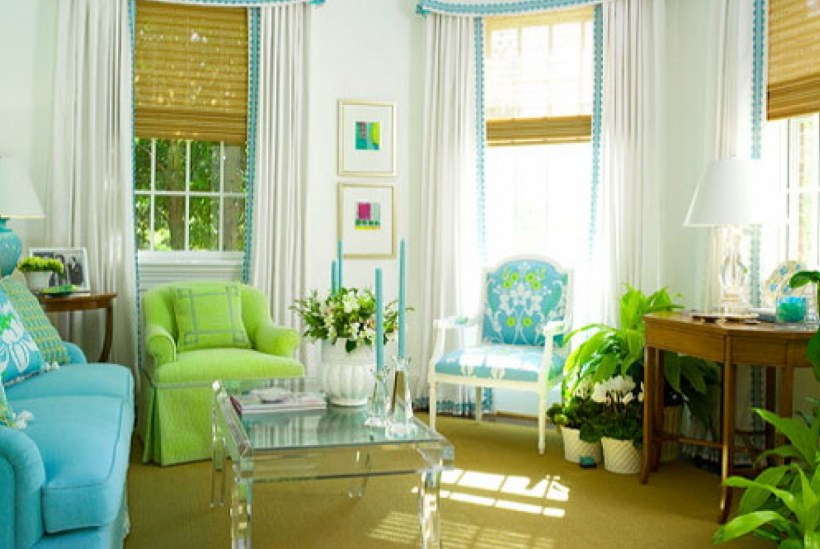 Зелено голубые шторы в интерьере