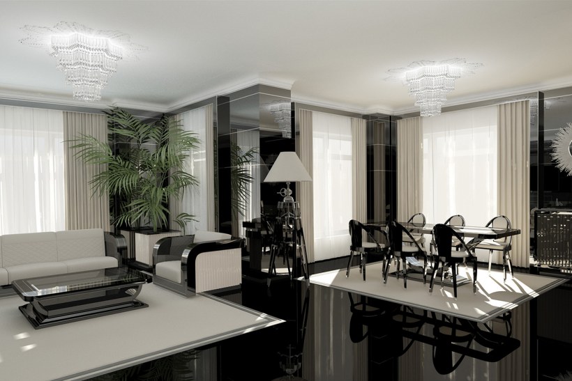 Интерьер чёрно-белой гостиной в стиле арт-деко