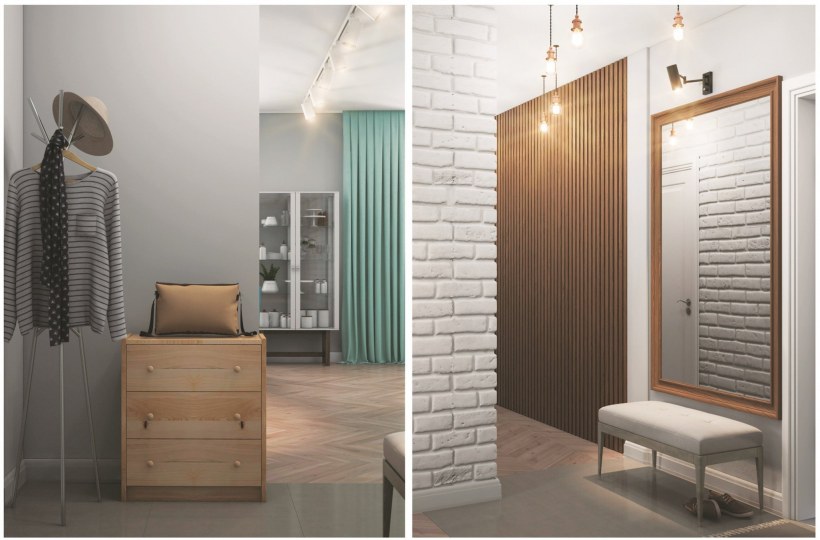 Рейки и кирпич в прихожей