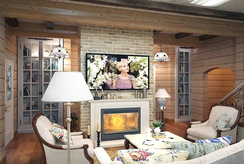 Гостиная на даче с камином