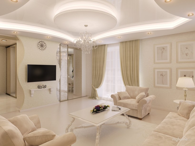 Зал гостиная в светлых тонах