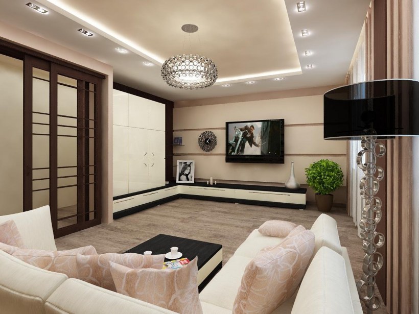 Гостиная с комбинированными обоями