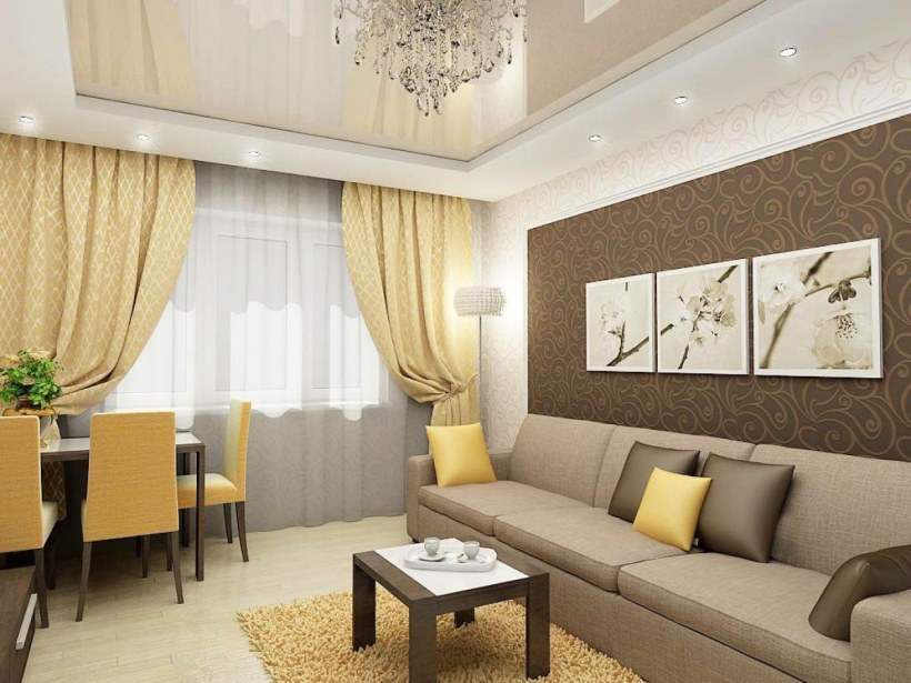 Зал в коричнево-бежевых тонах