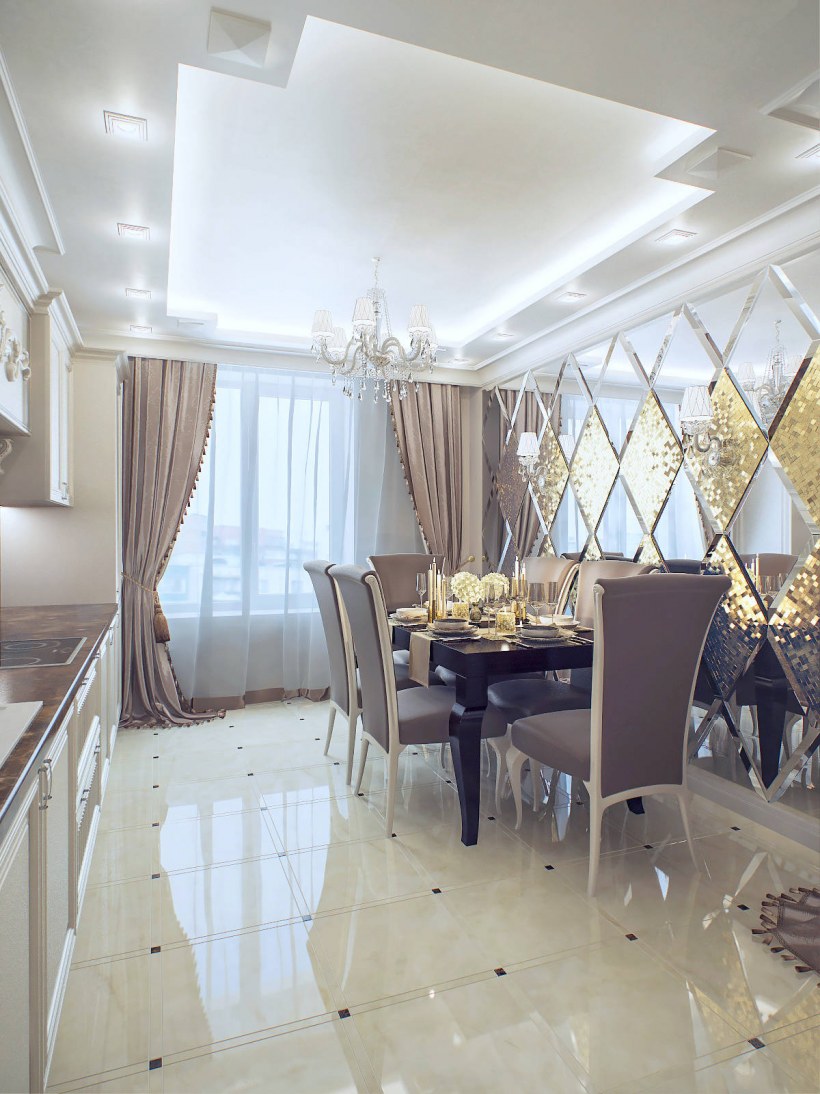 Зеркальная плитка в интерьере кухни