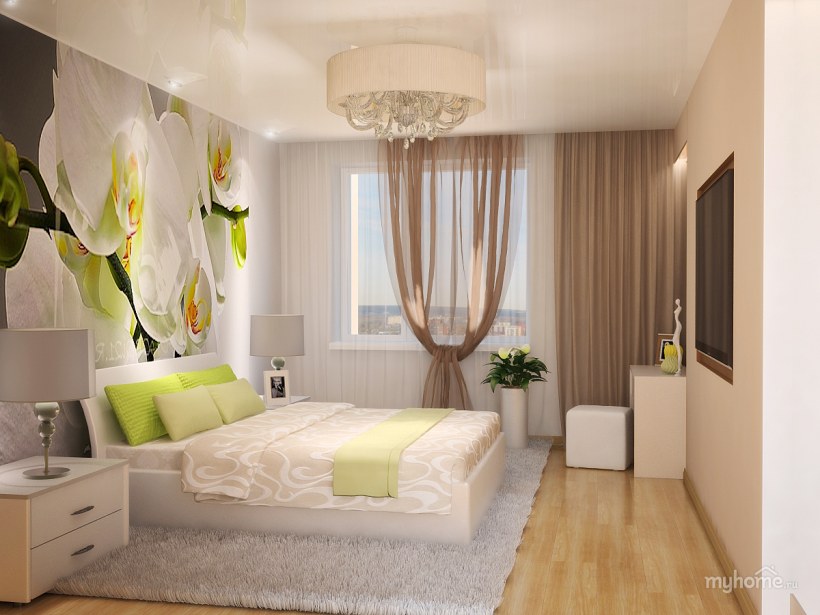 Спальня в светлых тонах с фотообоями