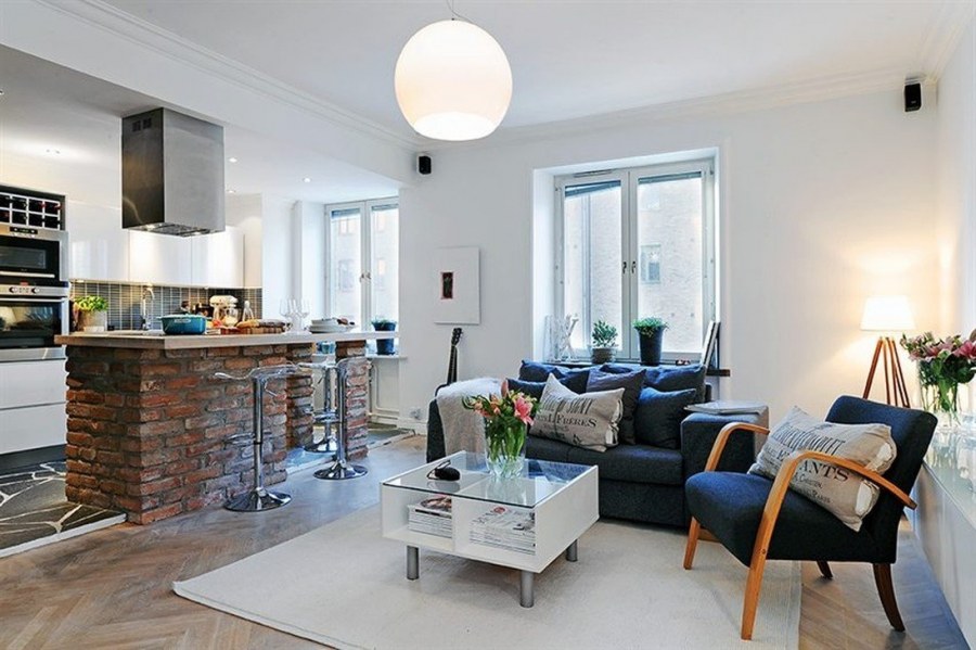 Интерьер шведской кухни и гостиной