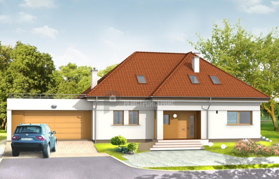 Дом с гаражом впереди