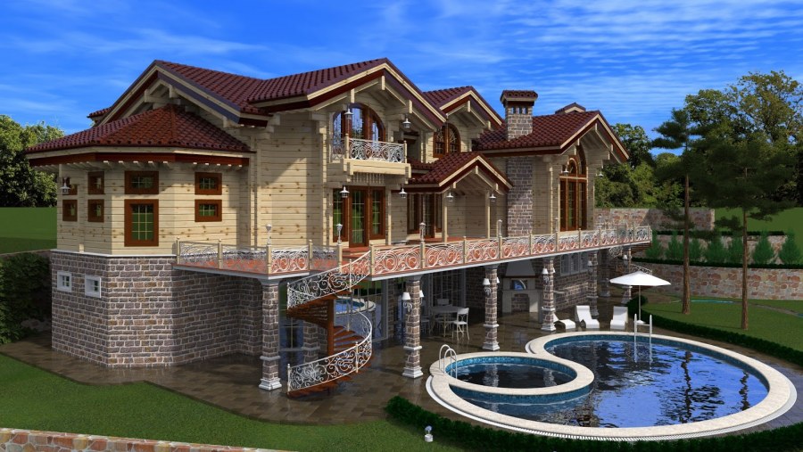 Красивый коттедж из кирпича с бассейном