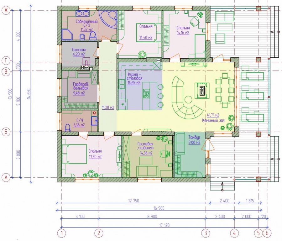 Одноэтажный дом с камином проект