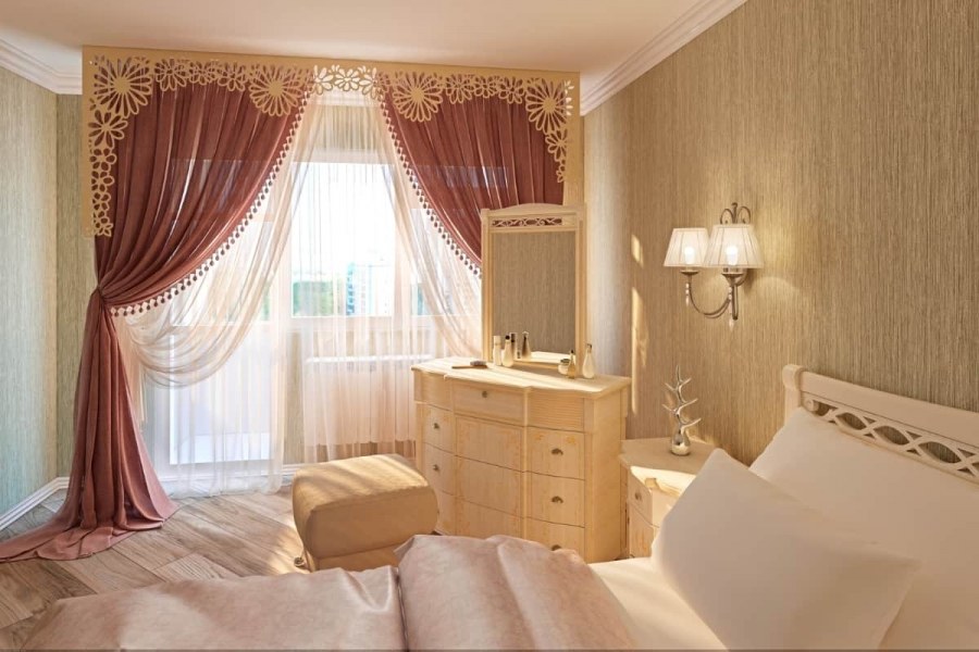 Шторы в эркере для спальни