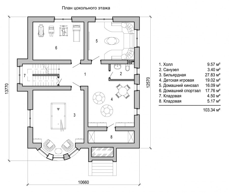 Чертеж цокольного этажа частного дома