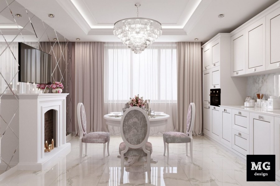 Классическая белая кухня гостиная