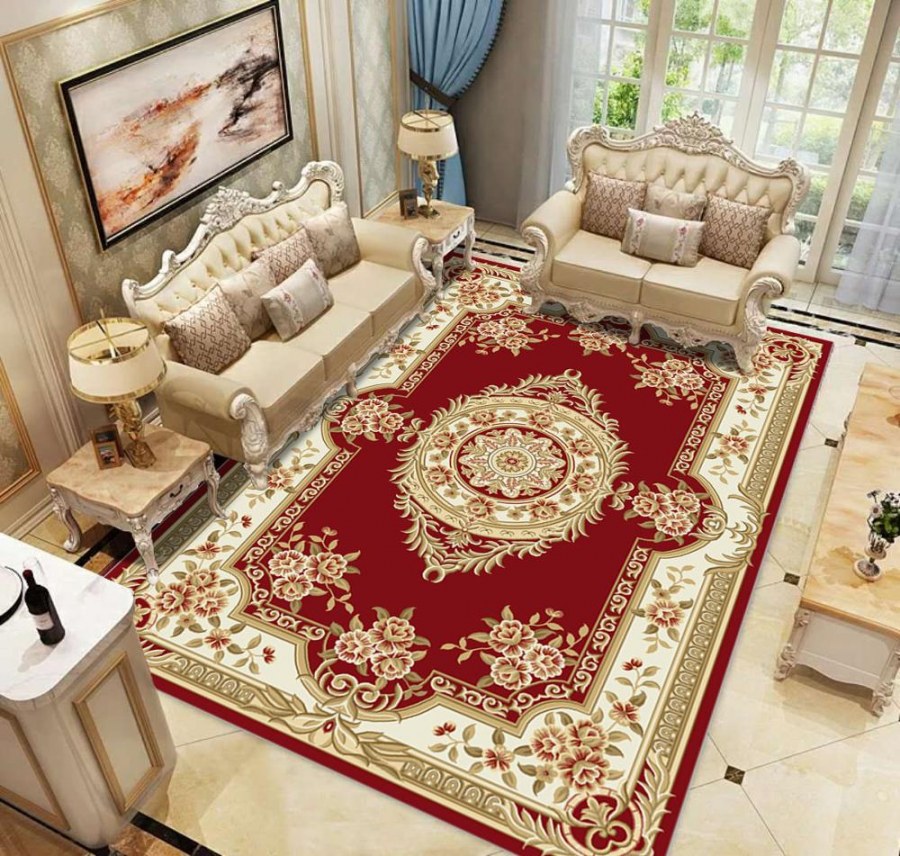 Красный ковер в интерьере гостиной