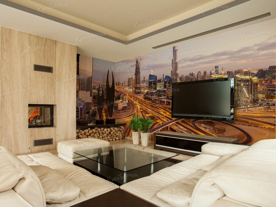 Фотообои ночной город в интерьере гостиной