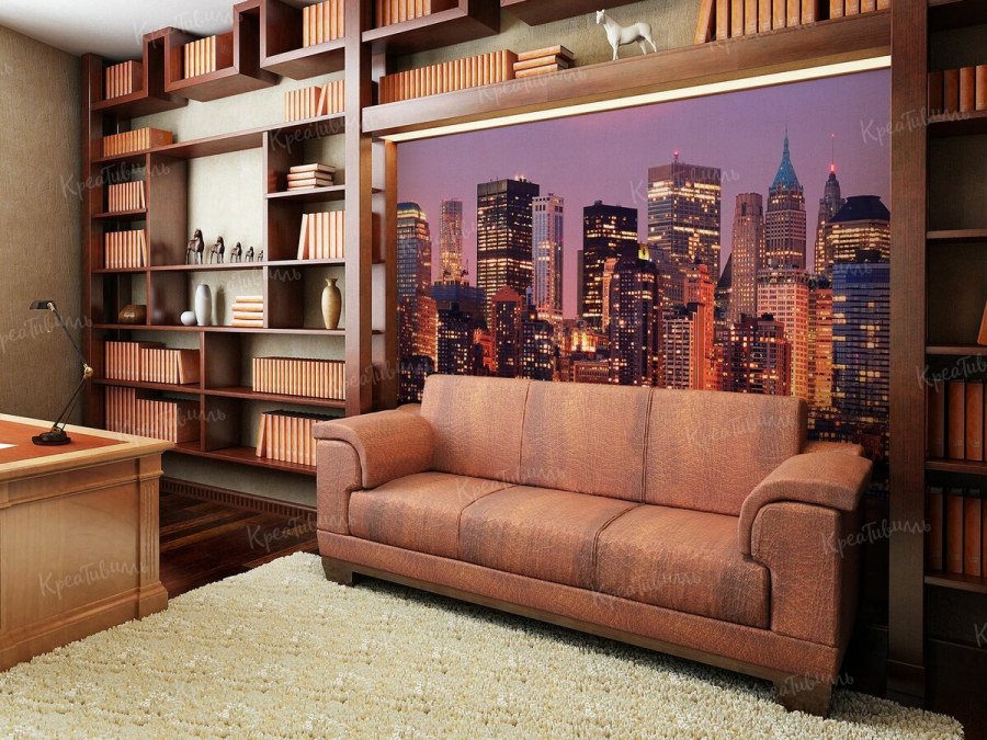 Фотообои в гостиной с полками