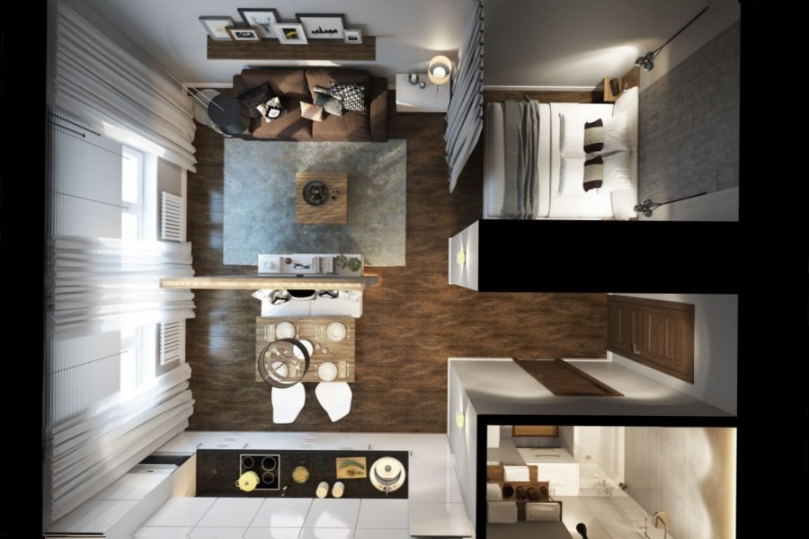 Планировка в квадратной студии 30кв