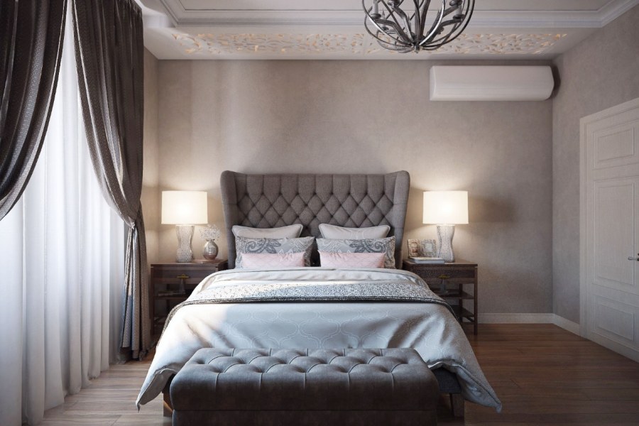 Дизайн спальни 9 кв.м жемчужно серый