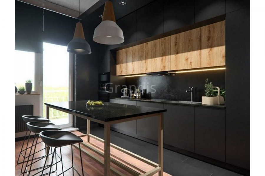 Кухня черная с деревом