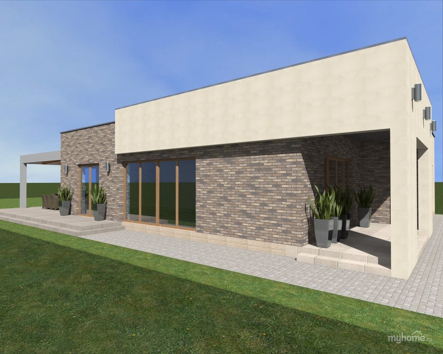 Одноэтажный дом из кирпича с плоской крышей