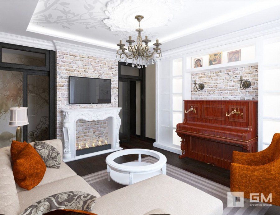 Гостиная с камином и пианино
