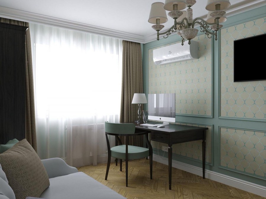 Интерьер кабинета в квартире с обоями в клетку Неоклассика