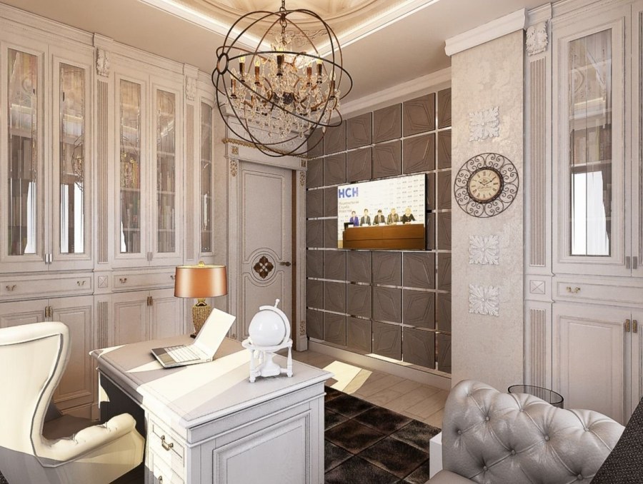 Кабинет в классическом стиле в светлых тонах