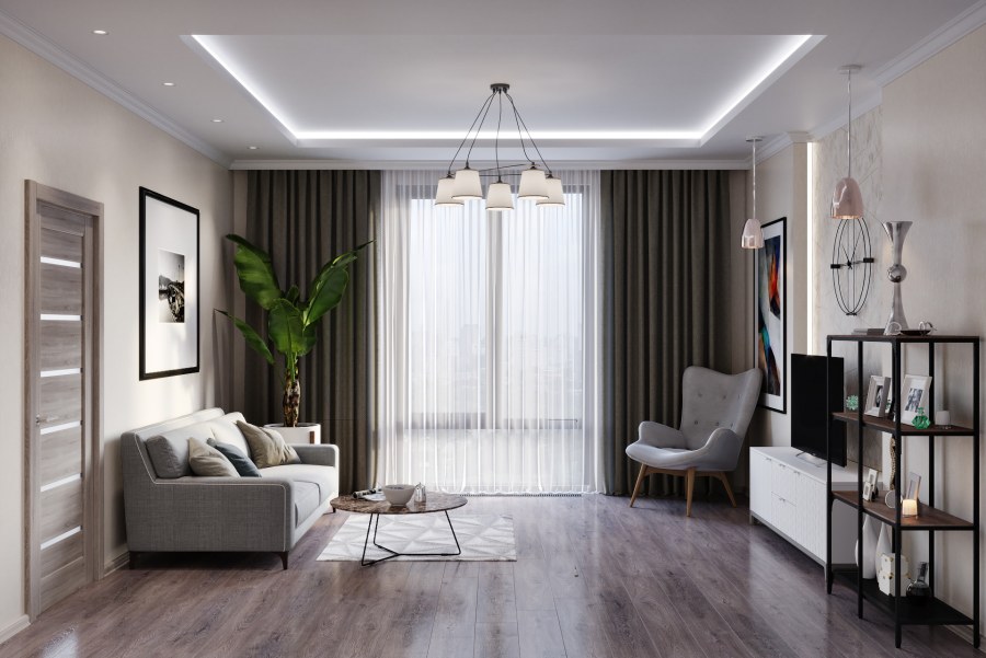 Гостиная в современном стиле с двумя окнами