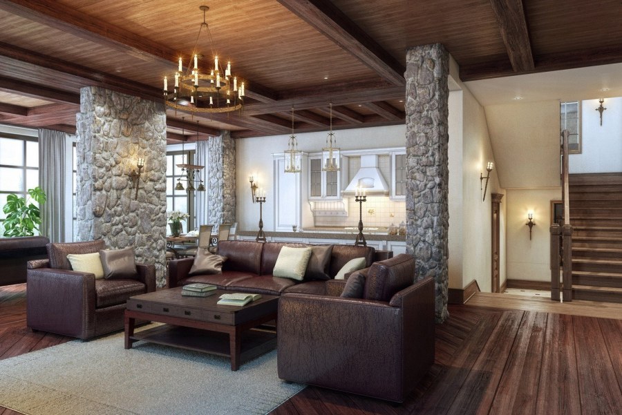 Гостиная с лестницей и камином