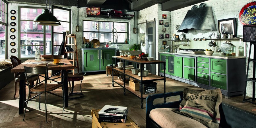 Зеленая кухня в стиле лофт