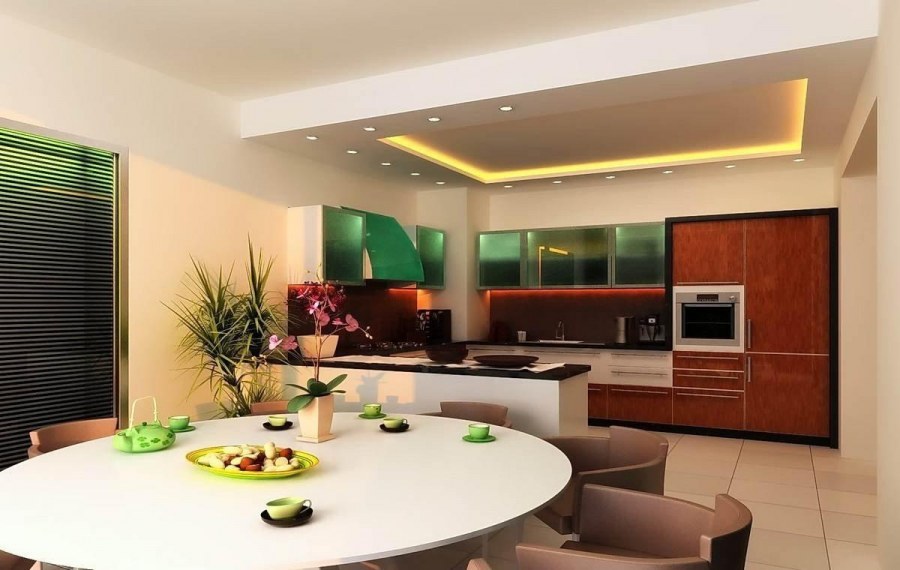 Зонирование потолка в кухне-гостиной